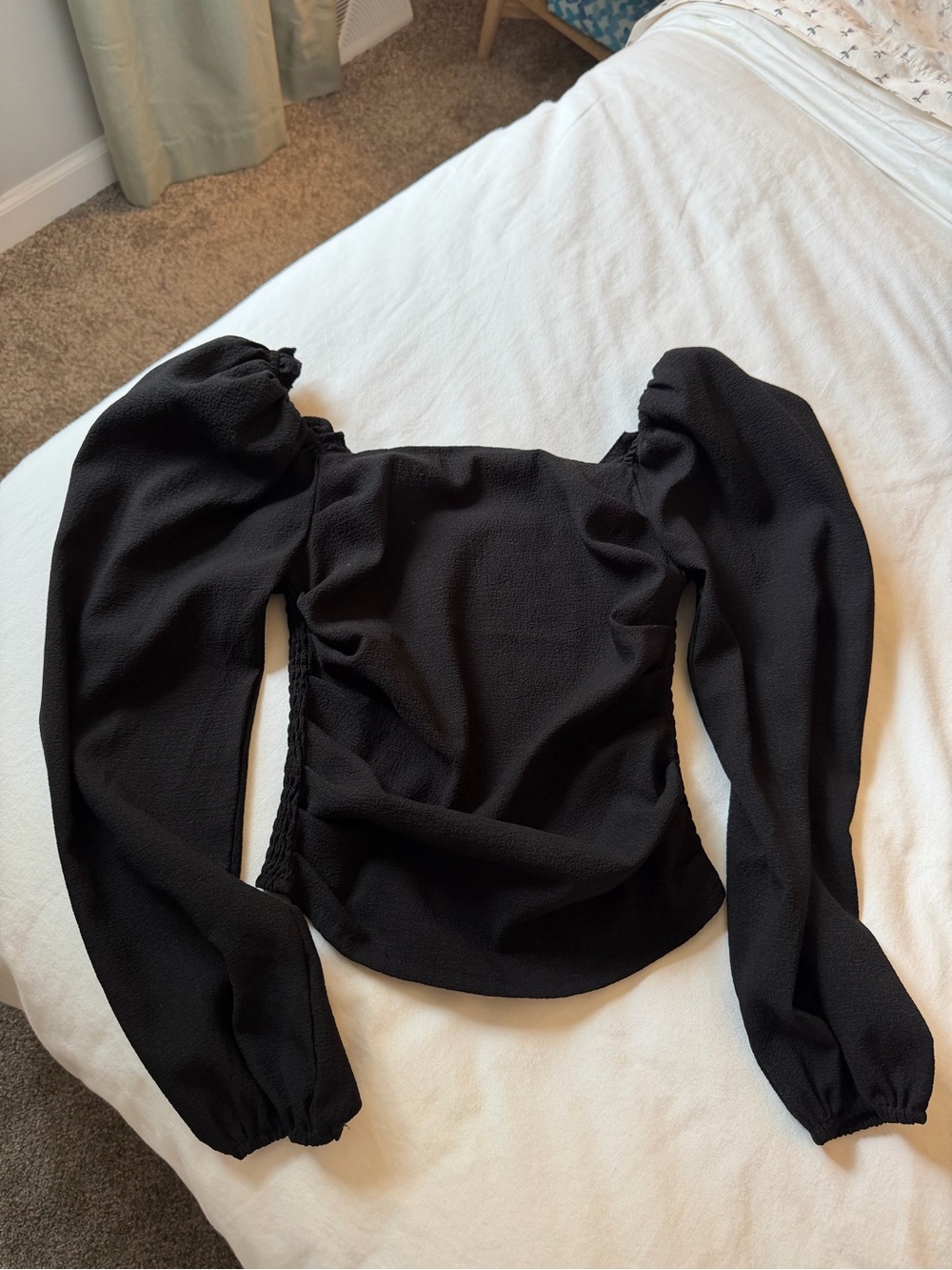 SHEIN Black Puff Sleeve Square Neck Blouse with smocked back